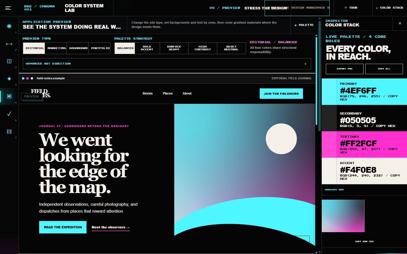 A site preview using a custom palette and animated gradient material